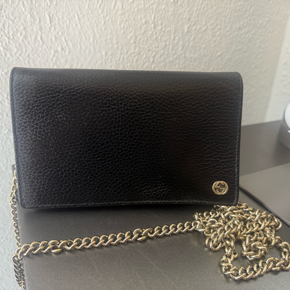 Gucci Black Leather Crossbody Bag with Gold Chain